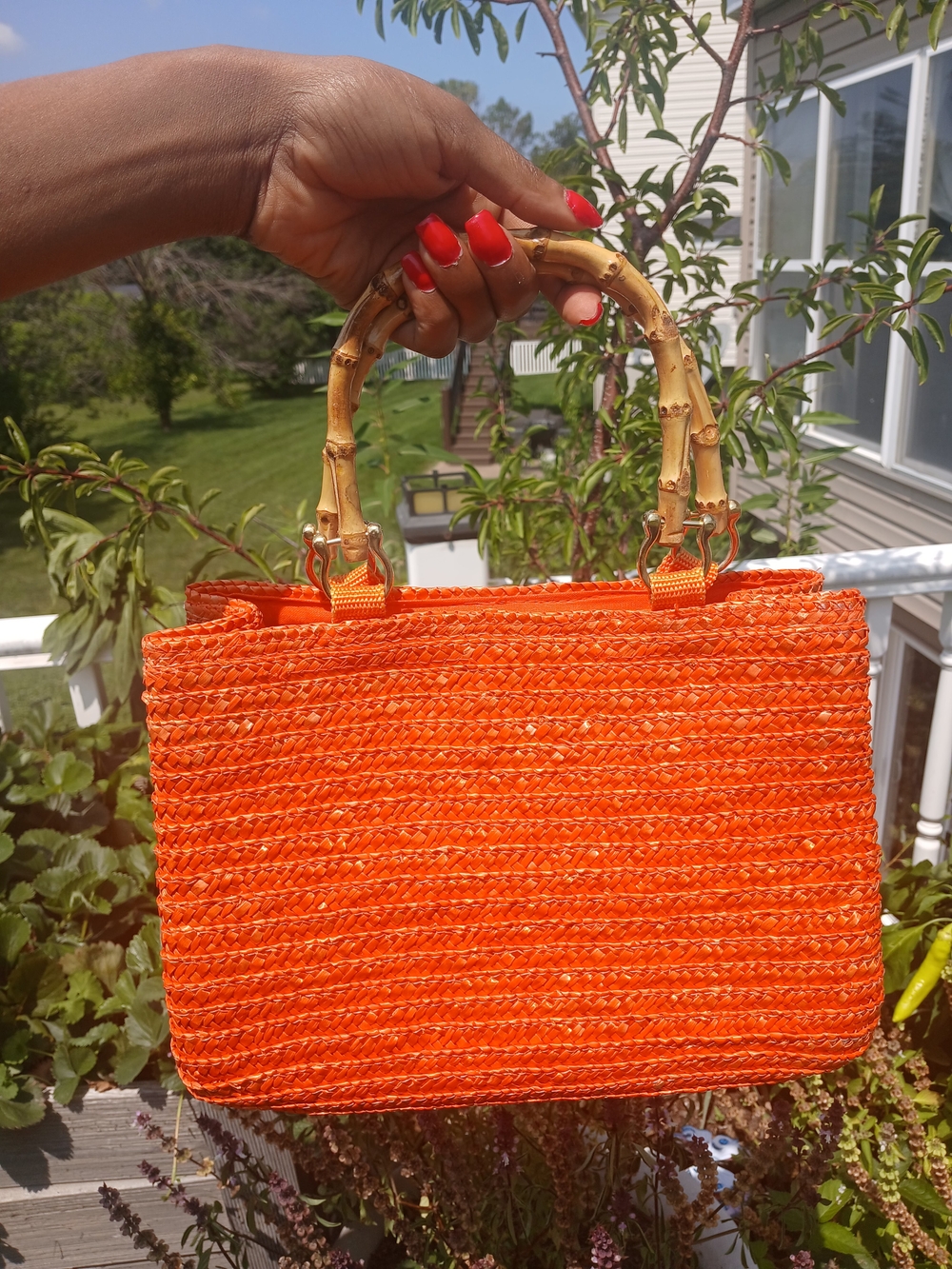 St. John's Bay Orange Woven Tote with Bamboo Handles